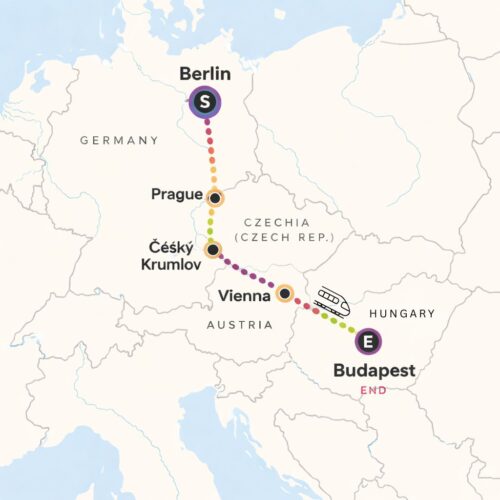 Map of Pride Adventures Central Europe LGBTQ+ group trip from Berlin to Budapest via Prague, Český Krumlov, and Vienna