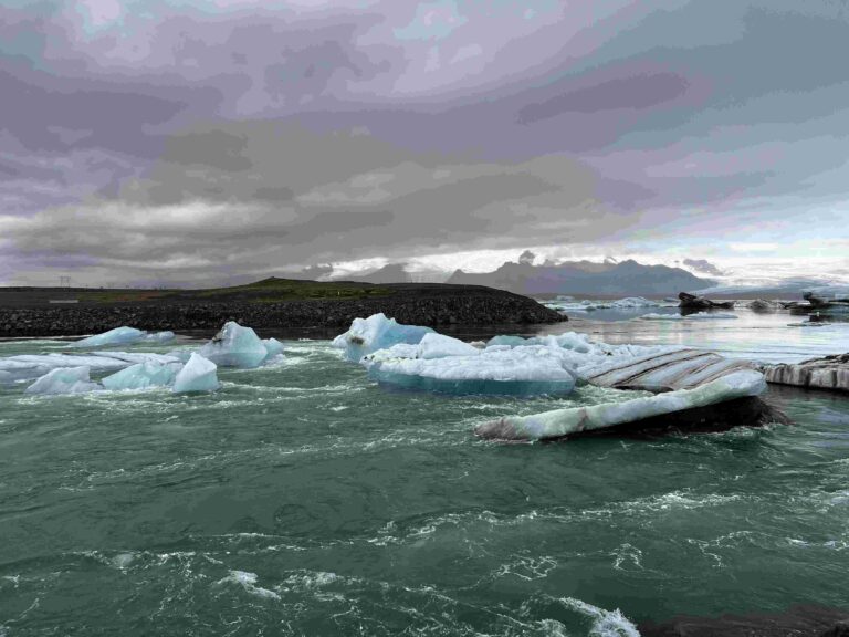 Icebergs Drifting Toward Ocean at Diamond Beach Iceland