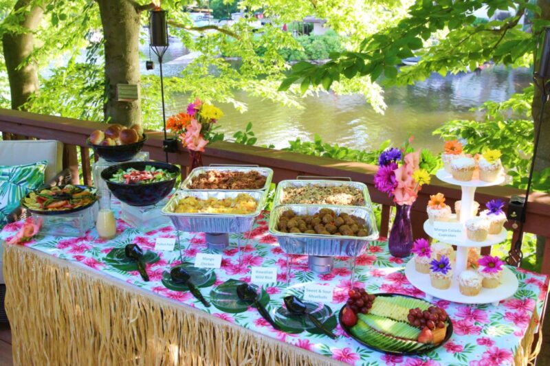 Catered Hawaiian-inspired meals served outdoors at Hale Akua Eco-Retreat, prepared by local chef Cindi Nand for the CGA Hawaiian Weekend Getaway