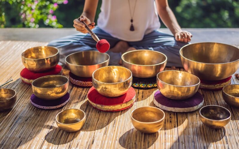 Crystal bowls arranged for a sound bath session, part of the wellness activities at the CGA Hawaiian Weekend Getaway in Maui
