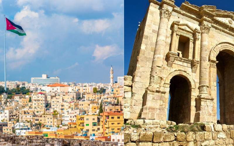 Panoramic view of the ancient Roman ruins in Jerash near Amman Jordan with stone columns and historic architecture