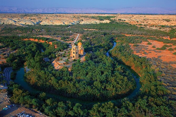 Aerial view of Bethany Beyond the Jordan with ancient baptismal pools greenery and archaeological remains near the Jordan River