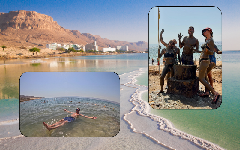 Travelers enjoying mud masks and floating in the Dead Sea at a resort in Jordan with views of the shoreline and mountains