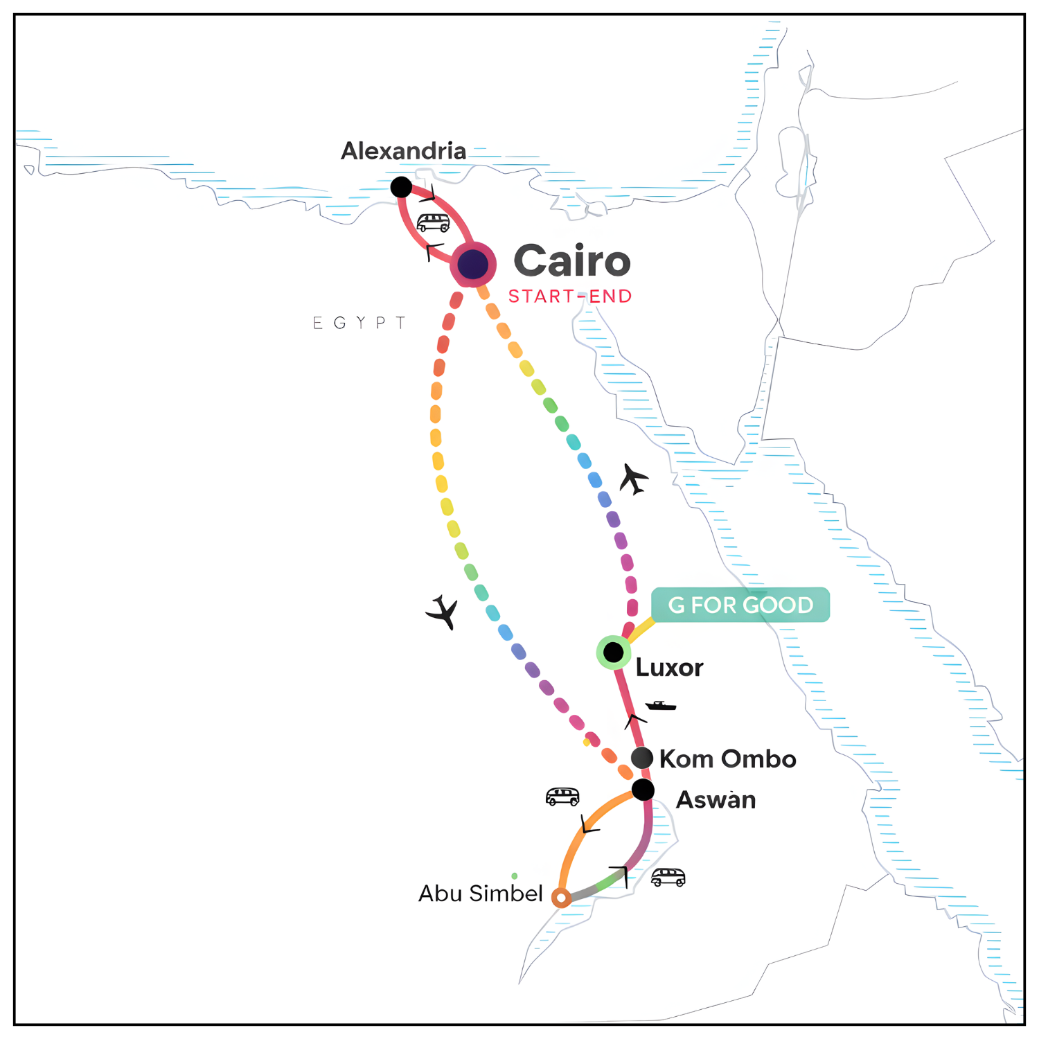 Egypt travel map showing the Pride Adventures LGBTQ+ group itinerary for November 2026 including Cairo and Nile River destinations
