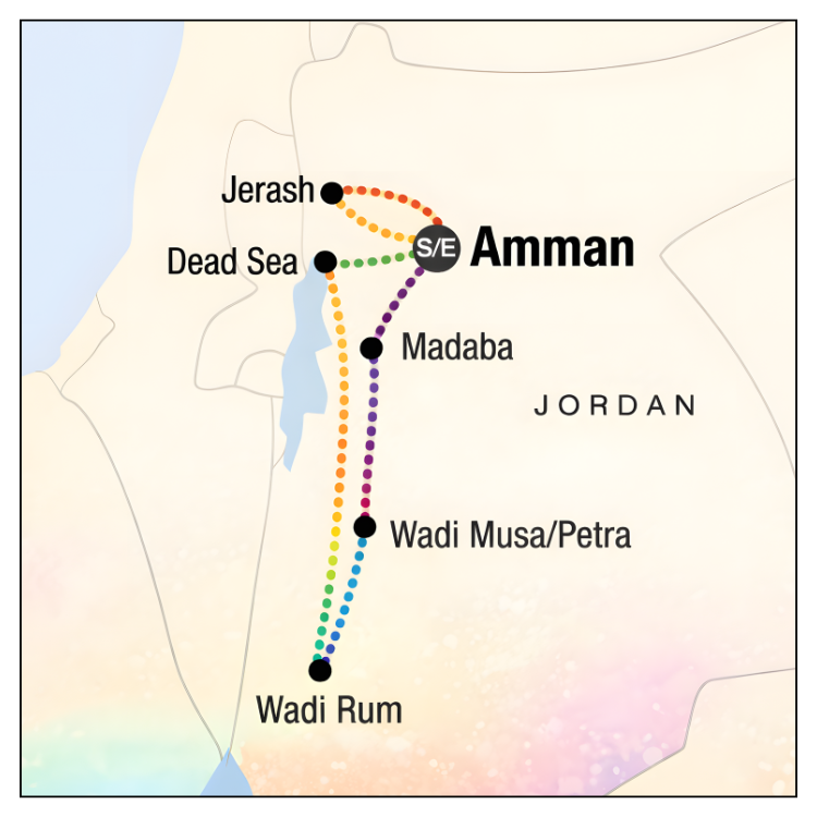 Jordan travel map showing the Pride Adventures LGBTQ+ group itinerary for November 2026 including Amman Jerash the Dead Sea Madaba Petra and Wadi Rum