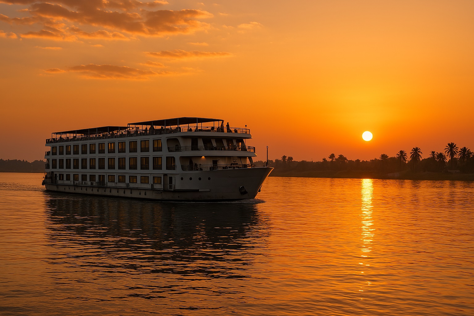 A cruise ship sailing along the Nile River at sunset with golden reflections on the water.