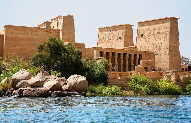 Philae Temple on Agilkia Island in Aswan, Egypt, surrounded by the Nile River.