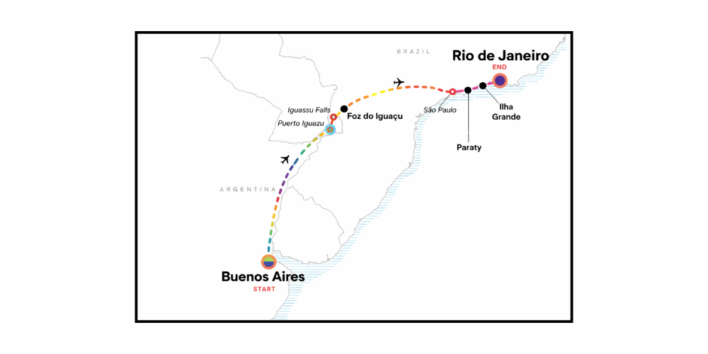 Route map showing a Pride Adventures LGBTQ+ group journey from Buenos Aires to Rio de Janeiro, with stops in Iguazu Falls, São Paulo, Paraty, and Ilha Grande, illustrated with a rainbow travel path.