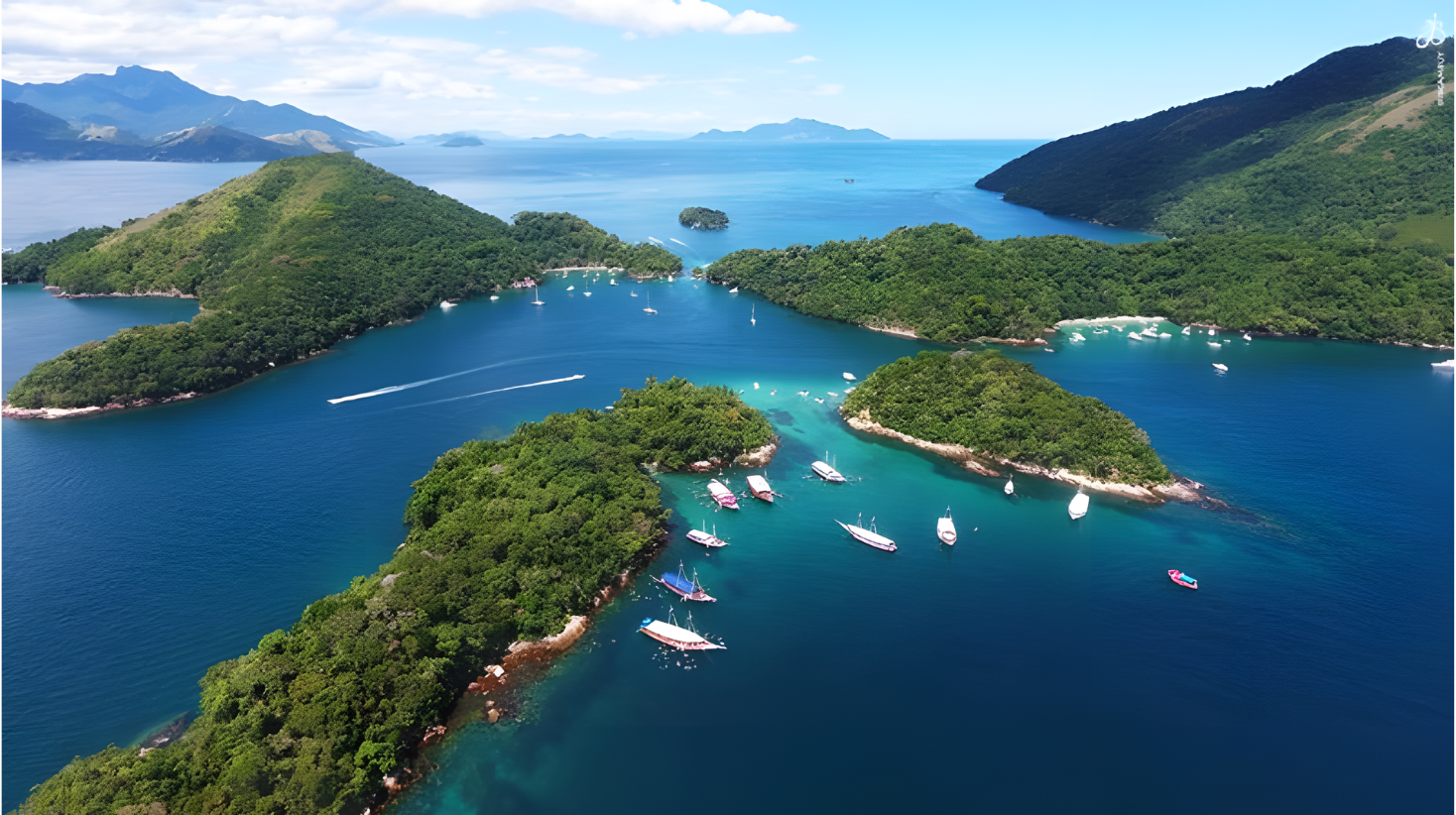 Aerial view of Ilha Grande Brazil showing lush green islands, turquoise water, and boats anchored along the coast
