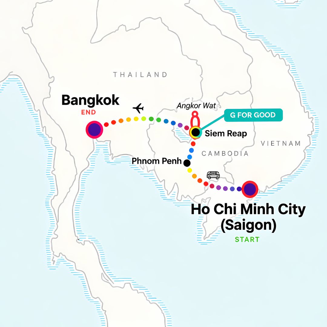 Map of the Pride Adventures LGBTQ+ Cambodia group trip route from Ho Chi Minh City to Phnom Penh, Siem Reap, and Bangkok