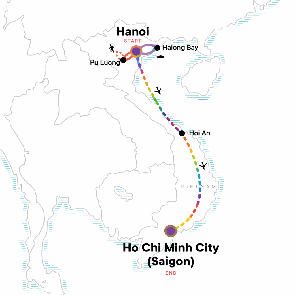 Rainbow travel route map of Pride Adventures Vietnam journey from Hanoi to Ho Chi Minh City