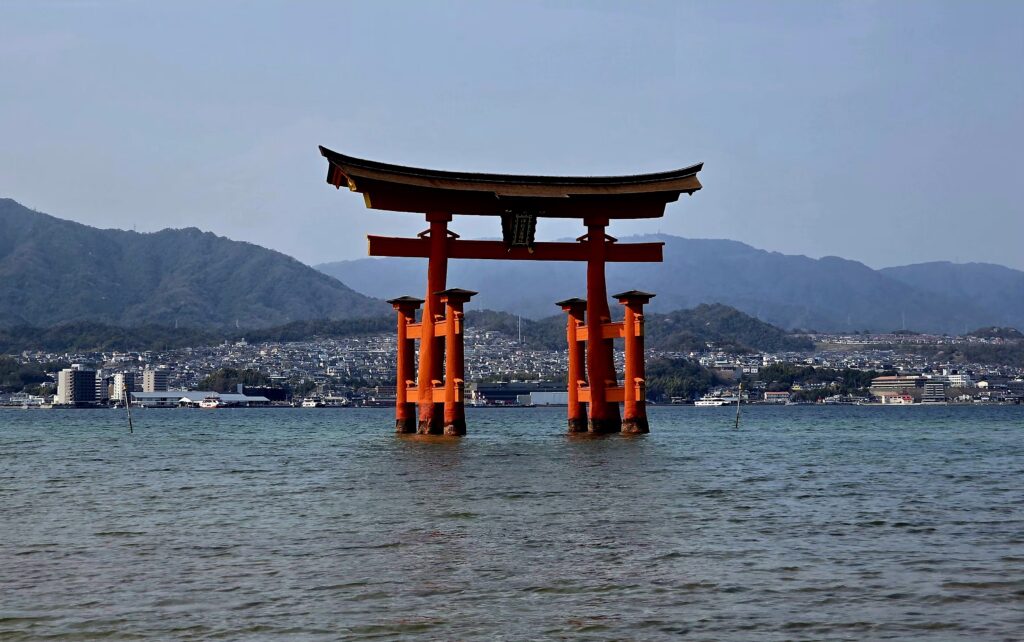 Floating torii gate at Miyajima Island near Hiroshima Japan