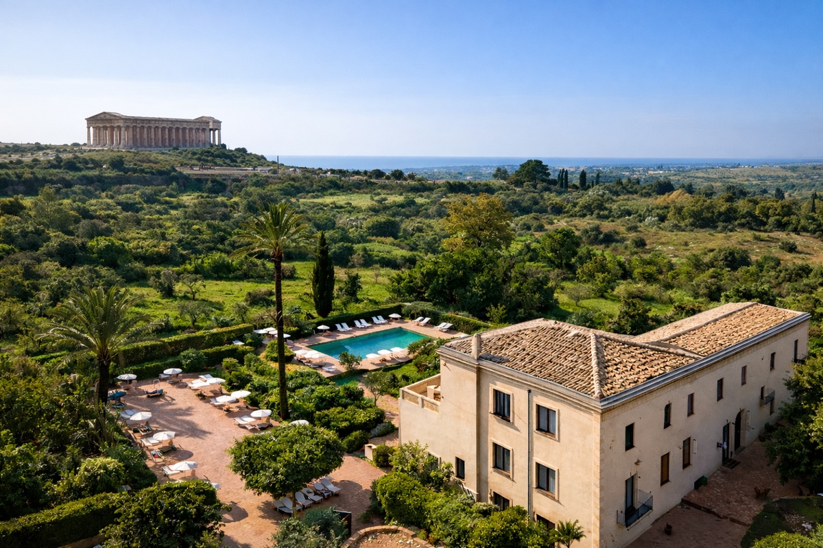 Aerial view of a scenic Sicilian villa with pool near the Valley of the Temples on Pride Adventures' LGBTQ+ Sicily tour