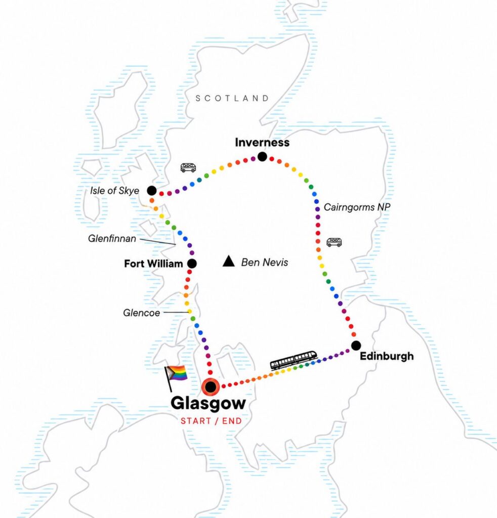 Scotland gay group trip route from Glasgow to Edinburgh, the Highlands, Isle of Skye, and back to Glasgow