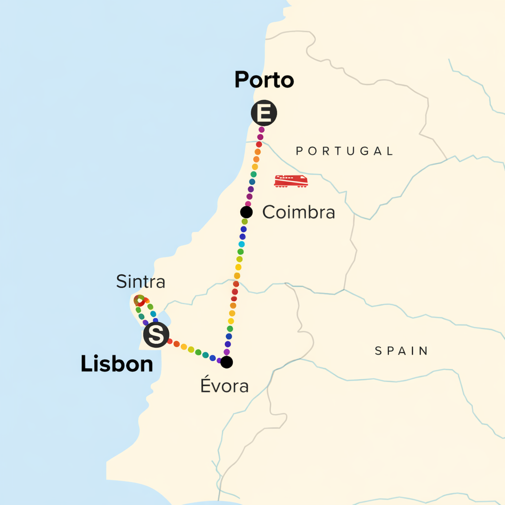 Route map of our hosted LGBTQ+ group trip through Portugal from Lisbon to Porto with Pride Adventures