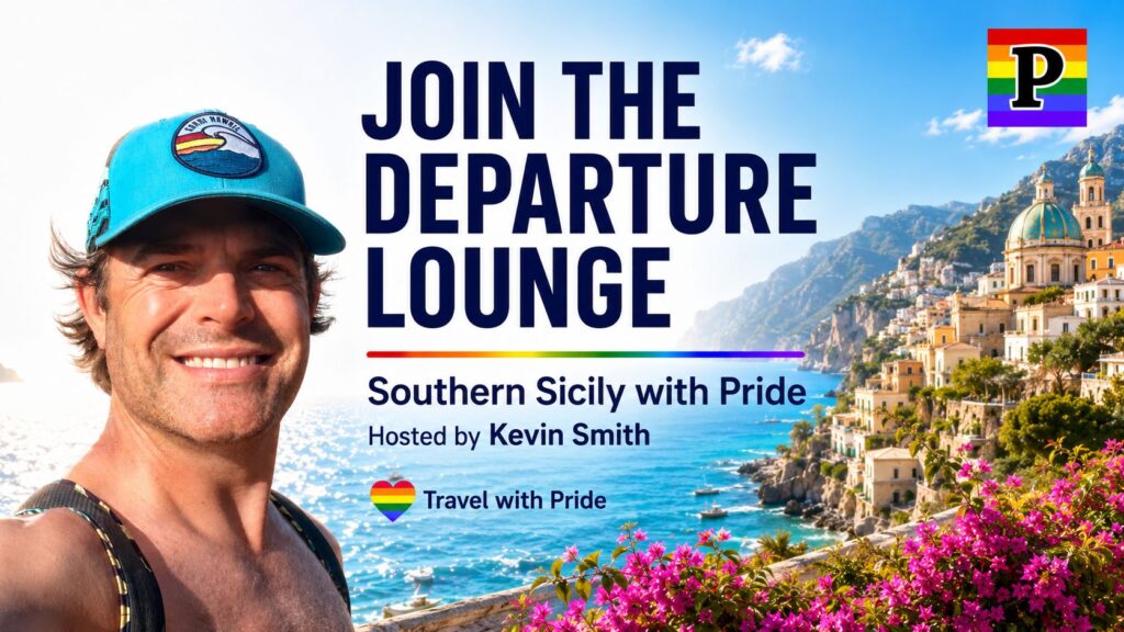 Promotional graphic for the Southern Sicily with Pride departure lounge event, hosted by Kevin Smith, with a coastal Italian town behind.