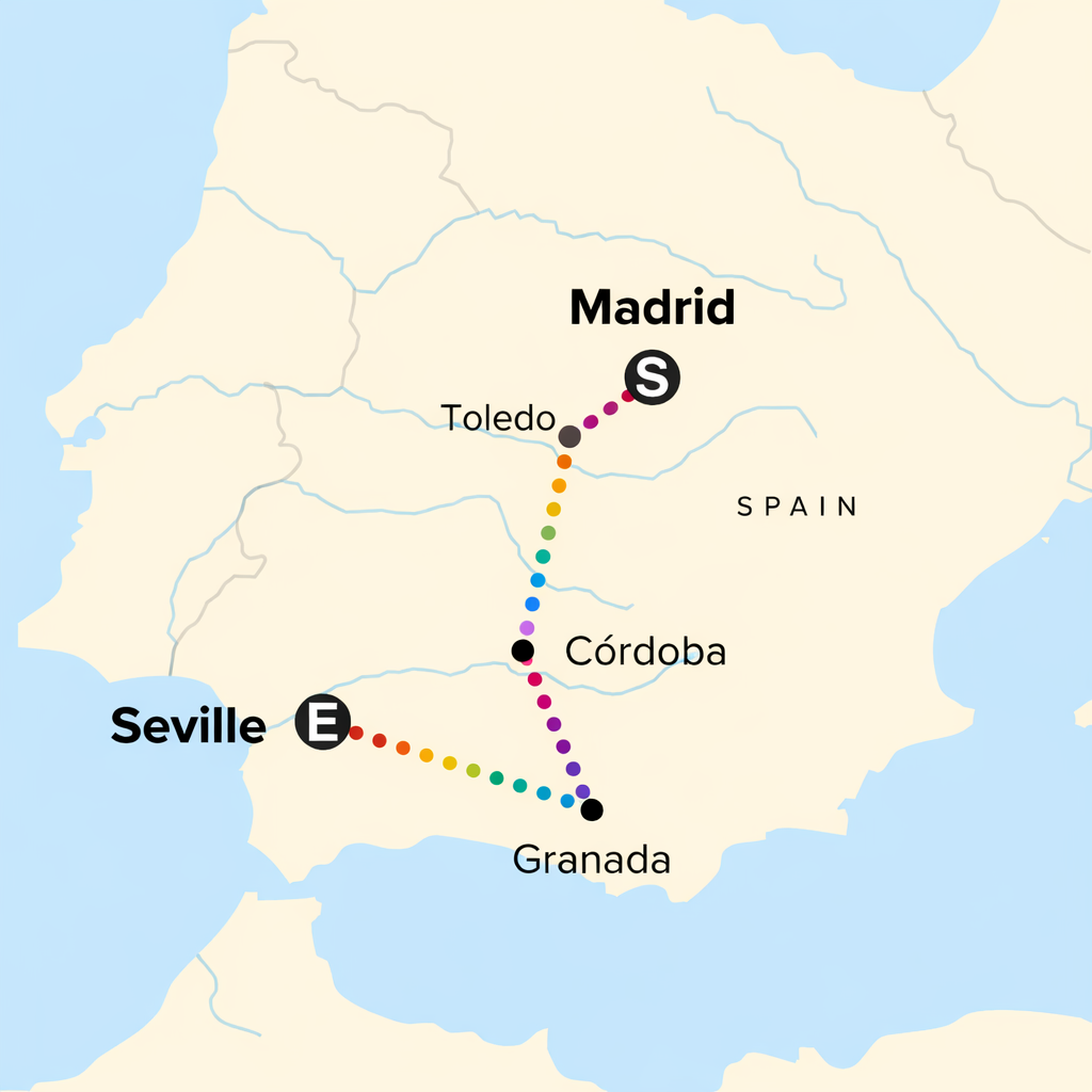 Map of our Spain LGBTQ+ group trip route from Madrid to Seville with stops in Toledo, Córdoba, Granada, and Ronda