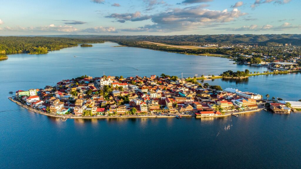 Colorful buildings and waterfront views on Flores Island on Lake Petén Itzá in Guatemala