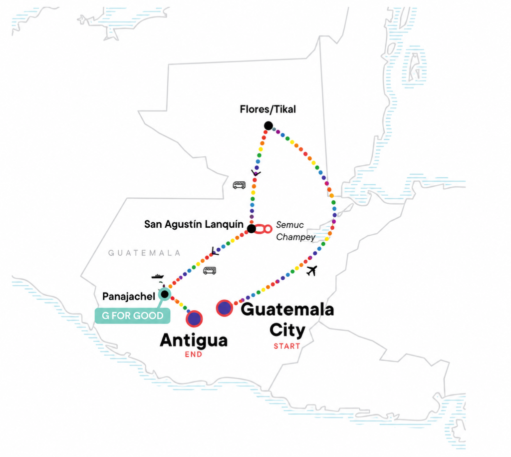 Rainbow dotted route map of the 9 Days in Guatemala trip showing stops from Guatemala City to Antigua, Tikal, Semuc Champey, and Panajachel