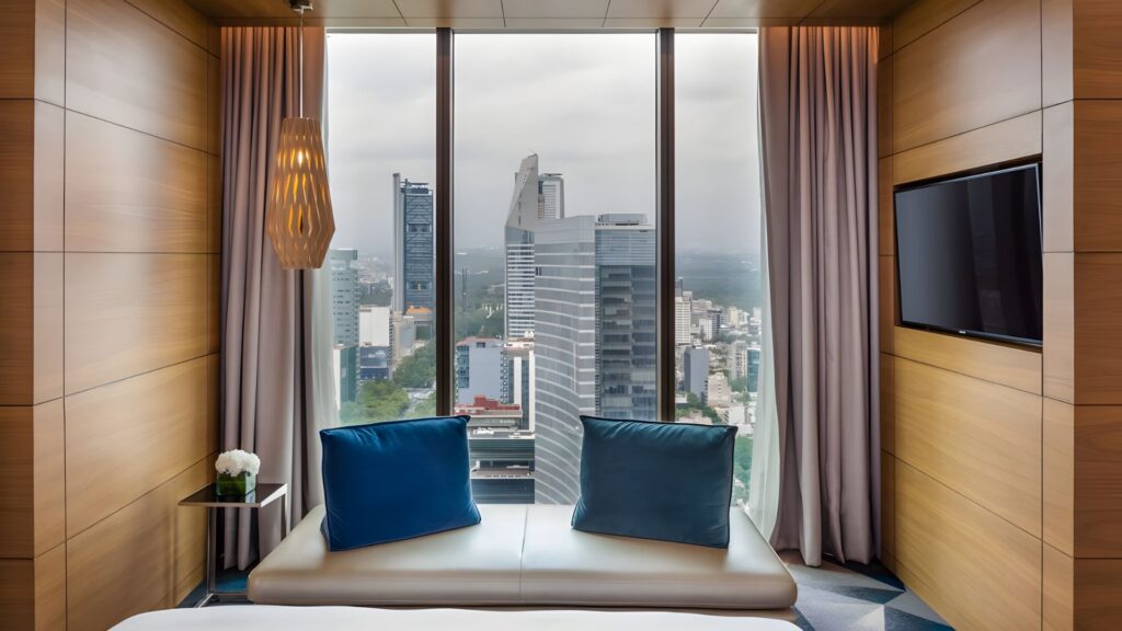 Sofitel Mexico City superior room with floor to ceiling city skyline views, warm wood interiors, and a window seat