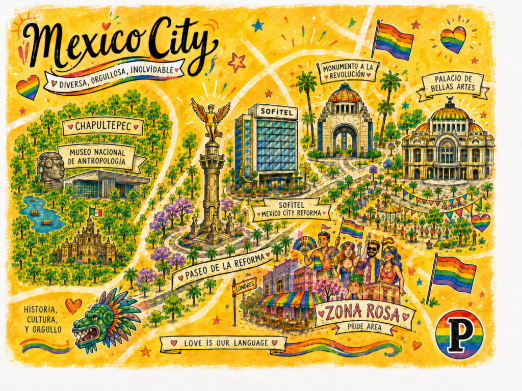 Illustrated Mexico City Pride map showing Sofitel Mexico City Reforma, Ángel de la Independencia, Zona Rosa, Chapultepec, and Palacio de Bellas Artes