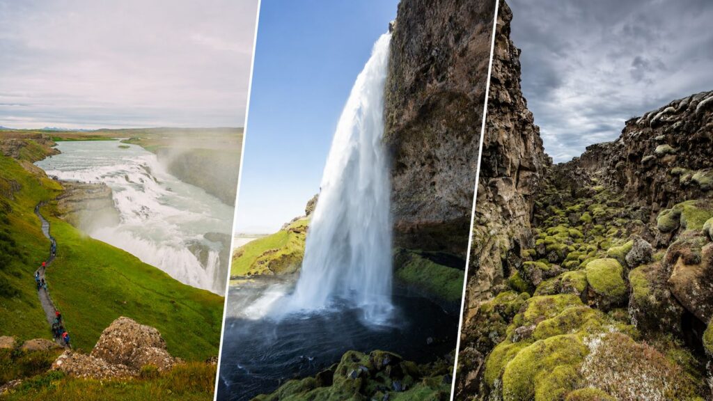 Gullfoss Waterfall, Seljalandsfoss Waterfall, and a mossy canyon landscape in Thingvellir National Park, Iceland