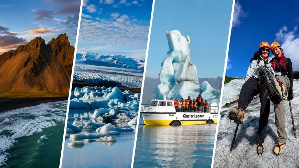 Vestrahorn, Jökulsárlón Glacier Lagoon, optional lagoon boat tour, and included glacier hiking experience in Iceland