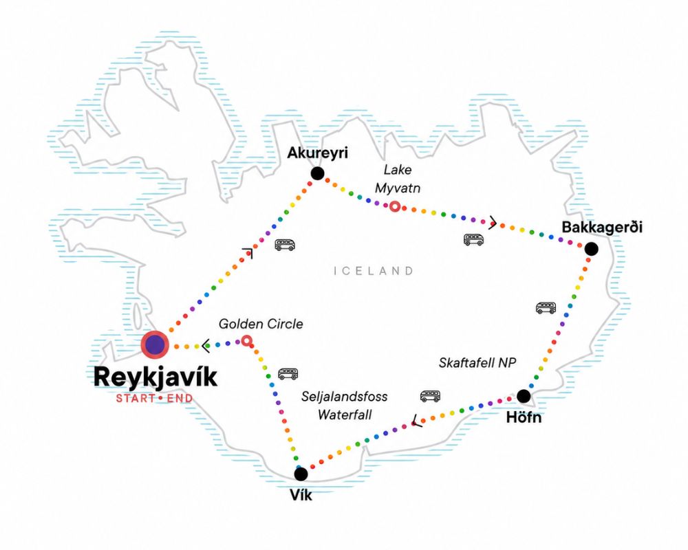 A colorful map of Iceland highlighting the route of our trip