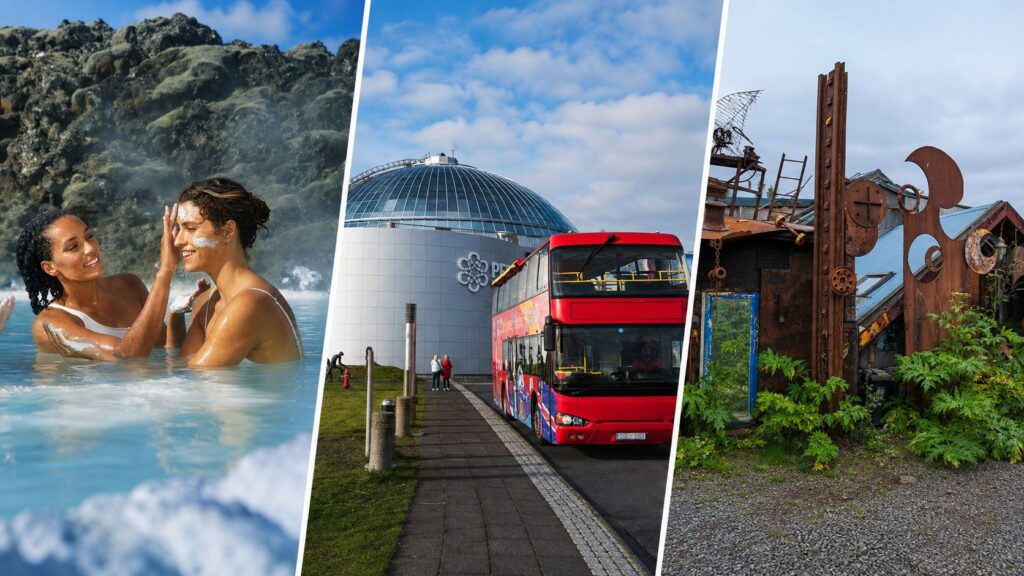 Optional Reykjavík experiences including the Blue Lagoon, Perlan museum with hop on hop off sightseeing bus, and the Recycled House.