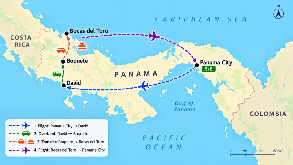 A map outlining the itinerary route for our Panama trip
