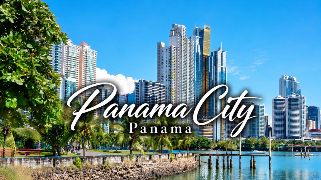 The skyline of Panama City rising along the coast