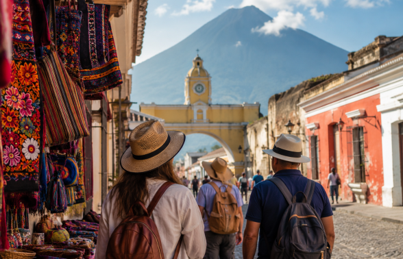 Group of travelers exploring Guatemala City on a guided tour, with historic architecture in view