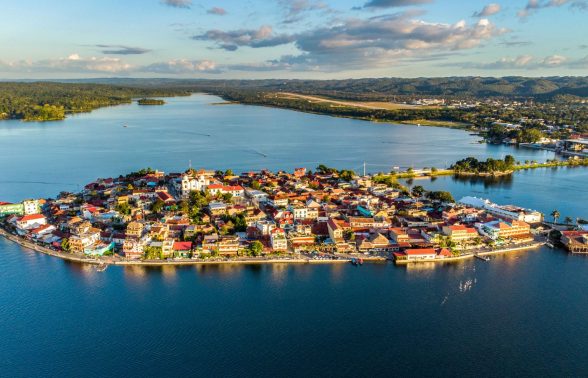 Colorful buildings and waterfront views on Flores Island on Lake Petén Itzá in Guatemala